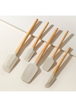 Set 5 Ustensile de Bucatarie, Flippy, din Silicon si Lemn, Spatule de Diferite Dimensiuni, Termorezistente, Antiaderente, Bej-Maro