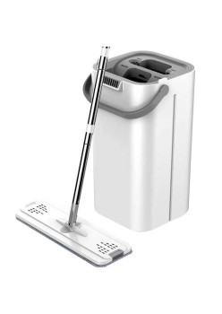 Set de curatenie Flippy, mop si galeata, galeata 5.7 l, 4 rezerve microfibra incluse, design modern, pentru interior, material plastic, peri sintetici, plat, cu storcere, alb