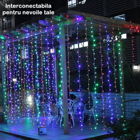 Instalatie Craciun Tip Perdea, 8 Jocuri de Lumini, Interconectabila, 2 m x 2 m, 240 LED-uri, Prelungitor 1.5 m, Fir transparent, Multicolor
