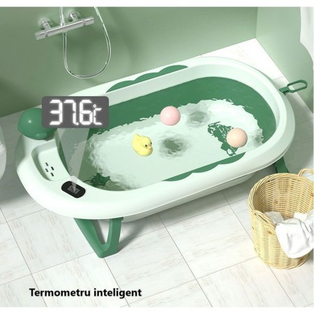 Cada Baie Pliabila pentru Copii 0-6 Ani – Cu Termometru, Perna Suport, Model Balena, Verde, 81.5 x 49 x 21.5 cm