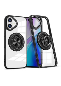 Husa de Protectie TPU, Flippy, pentru iPhone 16 Pro, Anticadere, cu Incarcare Wireless, Tehnologie Magsafe, Inel Magnetic Rotativ cu Functie de Suport, Transparent-Negru