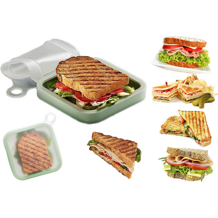 Caserolă Compactă pentru Sandwich, Reutilizabilă, din Silicon cu Capac Etanș, Ușor de Transportat și Curățat, Verde