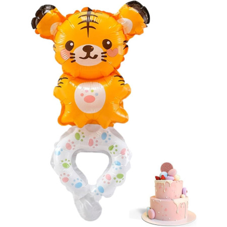 Balon din Folie Metalizata, Flippy, Figurine Animalute, Tip Bratara, Model Tigru, 17x34 cm, Ambalaj Individual, Pai Inclus, Umflare cu Aer sau Heliu, Maro