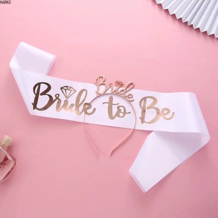 Set de Accesorii pentru Mireasa, Flippy, Coronita, Panglica, Stickere, Voal, Model Bride To Be, Tematica Nunta, Alb-Roz