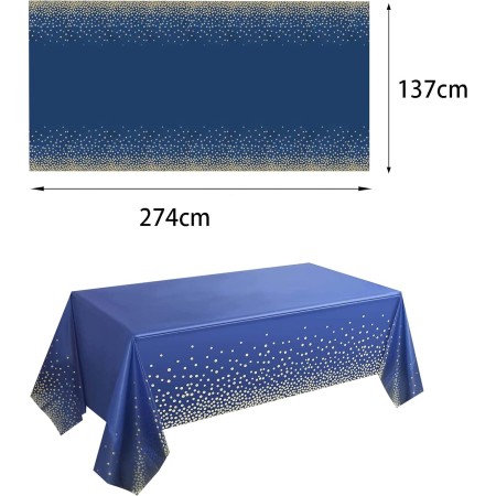 Fata de Masa, Flippy, din PEVA, Imprimeu Buline Aurii, 137 x 274 cm, Impermeabila, Fara Pete, Curatare Rapida, Albastru Inchis