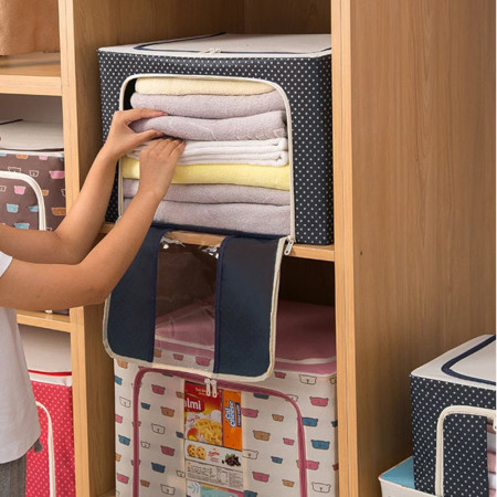 Cutie de Depozitare Pliabilă Premium, 100L, Țesătură Oxford Impermeabilă, Cadru Metalic, Fermoar Dublu, Fereastră Transparentă, Imprimeu cu Buline, 60x42x40 cm, Albastru Marin