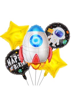 Set 5 baloane din folie metalizata HAPPY BIRTHDAY, Flippy, Figurina Model Racheta, Stelute Galbene, Adeziv si pai incluse, 78 x 45cm, Galben Alb