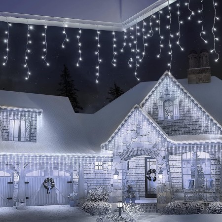 Instalatie Craciun Tip Franjuri/Turturi, 8 Jocuri de Lumini, Interconectabila, 4 m, 120 LED-uri, Prelungitor 1.5 m, Fir transparent, Alb Rece