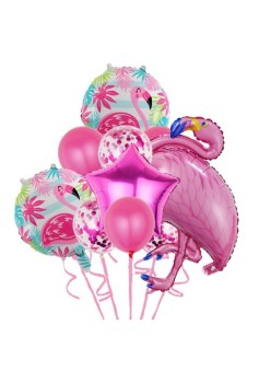 Set Baloane party aniversare, Flippy, din Folie de aluminiu si Latex, set din 10 baloane Flamigo Party, 1 stea, 5 baloane latex, 2 rotunde, 60 -90 cm, Roz