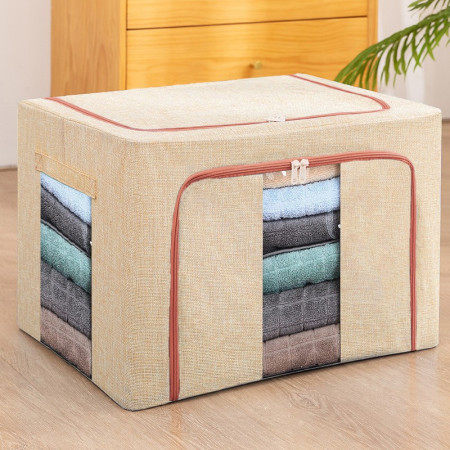 Cutie de Depozitare Pliabilă, 100L, Țesătură Bumbac & In, Cadru Metalic, Bază Stabilă, Fermoar Bidirecțional, Două Ferestre de Vizualizare, 60x42x40 cm, Crem