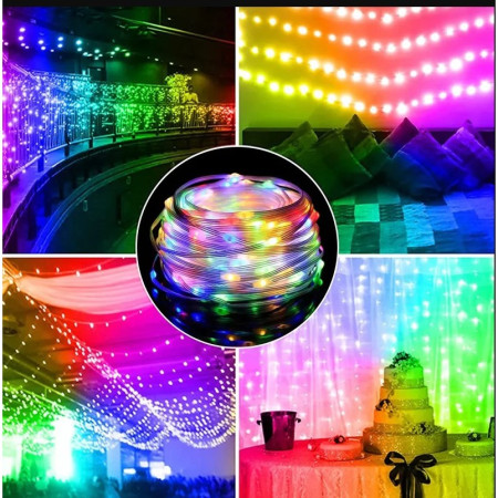 Instalatie de Craciun cu 8 jocuri de lumini, liniara, cu 100 micro LED-uri, 10 m, 220V, conectare la retea, fir transparent, multicolora
