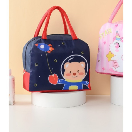 Geanta Termoizolanta pentru Copii, Flippy, 23x13x19 cm, Model Imprimeu Ursulet Astronaut, din Folie de Aluminiu si Panza Oxford, Albastru/Rosu