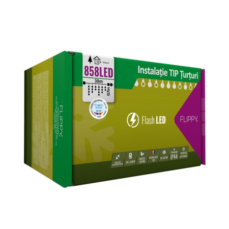 Instalatie Craciun, 30 m, 858 Led-uri ,Franjuri, Rosu / Verde/ Albastru, Flash, Transformator, Interconectabila, Prelungitor 5 m inclus, Fir Transparent, Flippy