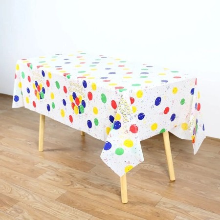 Fata de Masa, Flippy, din PEVA, Imprimeu Happy Birthday cu Baloane, 137 x 274 cm, Impermeabila, Fara Pete, Curatare Rapida, Multicolor