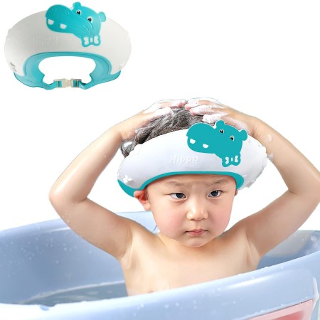 Viziera de Protectie Baie Pentru Copii, Fippy, Model Hipopotam, Dimensiune ajustabila, Durabil, Usor de curatat, Impotriva Samponului, pentru Ochi si Urechi, TPE+PP, 22x21 cm, Albastru