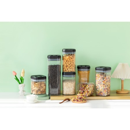Cutii de Depozitare Alimente, Flippy, Set din 2 Cutii de tip Container, 2.5L, 1.2L, Recipiente pentru Cereale in Bucatarie,  Transparente cu Capac Negru