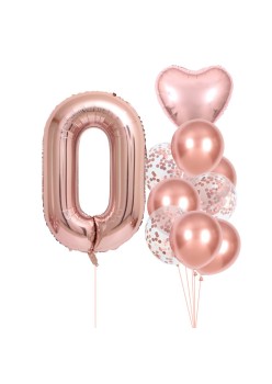 Set 10 Baloane Folie si Latex, Flippy, Tematica Aniversare, Baloane Latex 25cm, Figurina Inimioara 45 cm, Cifra 0 de 81 cm, Ambalaj Individual, Pai Inclus, Umflare cu Aer sau Heliu, Roz Pal
