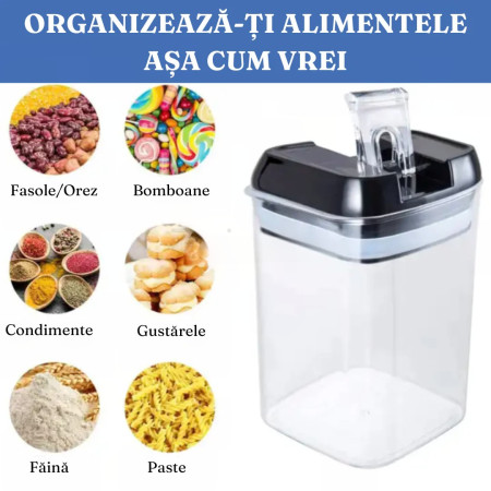Set 7 Recipiente Organizare Alimente, Flippy, Inchidere Etansa, Etichete Reutilizabile, Cupe Masurare, 4 Dimensiuni Diferite, din Plastic Dur, Transparent