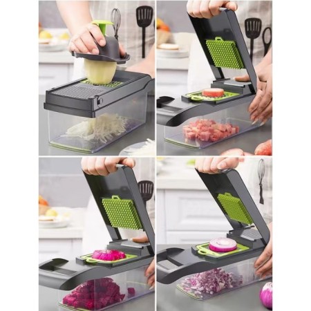 Feliator Multifunctional, Flippy, Razatoare, 8 in 1, pentru Fructe si Legume, 10 Piese, Lame de Inox, Recipient Stocare, Separator Oua, Protectie Mana, ABS, 32.2x11.3 cm, Verde/Gri
