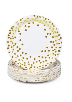 Set 10 Farfurii Unica Folosinta, Flippy, Imprimeu cu Buline, din Carton, Diametru 18 cm, Alb/Auriu