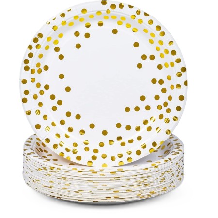 Set 10 Farfurii Unica Folosinta, Flippy, Imprimeu cu Buline, din Carton, Diametru 18 cm, Alb/Auriu