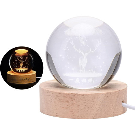 Lampa LED Decorativa, Flippy, cu Bila de Cristal cu Diametru 6cm, Model Cerb 3D, Alimentare USB, Suport din Lemn, Lumina Alb Cald