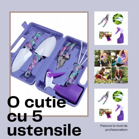 Set 5 Accesorii Grădinărit cu Geantă Textilă, Oțel Inoxidabil, Foarfecă + Lopeți + Pulverizator, 38 x 29 cm, Mov