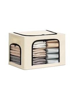 Cutie de Depozitare, Flippy, cu 3 Ferestre cu Fermoar Bidirectional, Cadru din Otel, Impermeabil, 38L, 42 x 30 x 30 cm, Bej