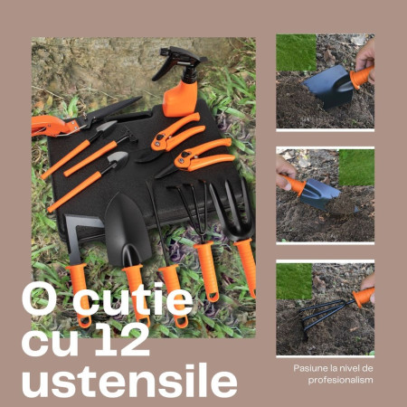 Set 12 Unelte Grădină cu Geantă de Depozitare, Accesorii din Oțel Inoxidabil, 37x27 cm, Mânere Portocalii
