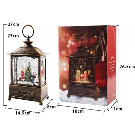 Decoratiune Craciun, Tip Felinar, Figurine Mos Craciun cu Baietel, 3 Moduri, Functie Muzicala, Zapada in Miscare, Functioneaza Cu Baterii ( 3 x AA neincluse), Cablu USB (Inclus), Model Vintage Negru - Auriu, 14.5 x 8 x 23 cm, Alb Cald