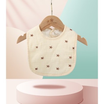 Baveta din Bumbac pentru Copii, Flippy, 0-12 Luni, 21x30 cm, Rezistenta la Apa, cu Capse, Model cu Stelute, Crem