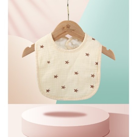 Baveta din Bumbac pentru Copii, Flippy, 0-12 Luni, 21x30 cm, Rezistenta la Apa, cu Capse, Model cu Stelute, Crem