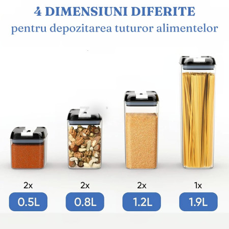 Set 7 Recipiente Organizare Alimente, Flippy, Inchidere Etansa, Etichete Reutilizabile, Cupe Masurare, 4 Dimensiuni Diferite, din Plastic Dur, Transparent