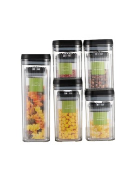 Cutii de Depozitare Alimente, Flippy, Set din 10 Cutii de tip Container, Recipiente pentru Cereale in Bucatarie,  Transparente cu Capac Negru