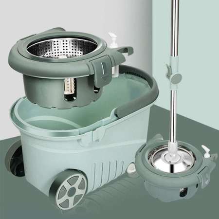Set mop rotativ cu galeata Flippy, material plastic si microfibra, o rezerva inclusa, rezistent, cu dop scurgere, vas detasabil, orificiu pentru solutie, pentru interior, capacitate 8 l, verde