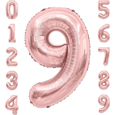 Balon din Folie Metalizata Flippy, Figurina Cifra, Tema Aniversare 40 cm, Ambalaj Individual, Pai inclus, Umflare cu Aer sau Heliu, Rose Gold, Cifra 9