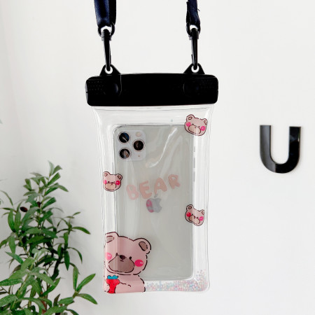 Husa subacvatica Fruity Waterproof Flippy, Snowproof, Universala, Impermeabila, cu Snur, pentru telefon sau documente, Berry Bear, Negru