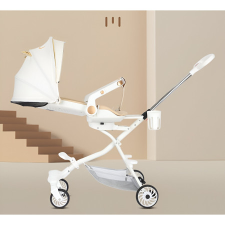 Cărucior Sport 3 în 1, Reversibil, Pliabil, Poziție Somn, Tavă Masă, Roti 360°, Suport Pahar, Copertină Soare, Alb Model Pisică, 6-36 Luni