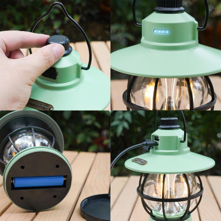 Lampă Camping Retro Portabilă, Felinar Vintage LED, 1200mAh, Reîncărcabilă USB, 3 Moduri de Iluminare, Intensitate Reglabilă, 5W, ABS, Mint, 20 cm