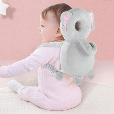 Rucsac cu Pernă de Protecție pentru Cap, Model Elefant din Plus, Suport Moale pentru Bebeluși, 33x6x19 cm, 180 g, Gri