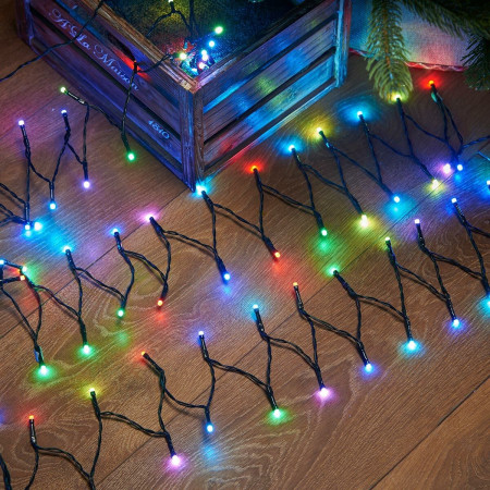 Instalatie de Craciun 8 jocuri de lumini, controler, liniara, 24 m, din care 1 m cablu priza 220V, 300 LED, fir negru, multicolor