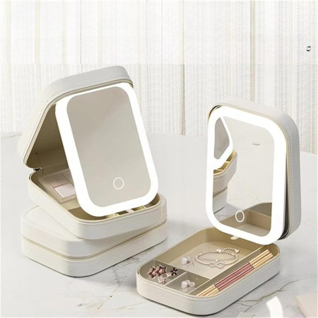 Portfard Cosmetice cu Oglindă LED, 3 Modele de Lumină, Încărcare USB, Baterie 1200 mAh, Compartimentat, Imitație Piele, Alb, 16.5x11.5x6 cm