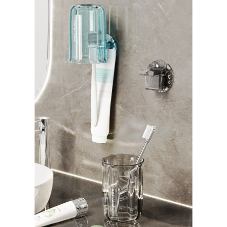 Suport Multifunctional 2 in 1, Pahar si Suport pentru Periuta de Dinti, Flippy, Plastic, Dimensiune: 10.4 x 7.3 x 7.3 cm, Gri