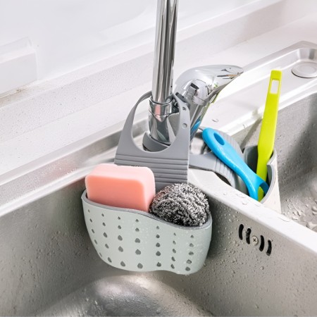 Organizator Chiuveta Bucatarie cu Scurgere – Suport Burete si Laveta, Verde, Plastic Flexibil, Curea Reglabila, 15x21 cm