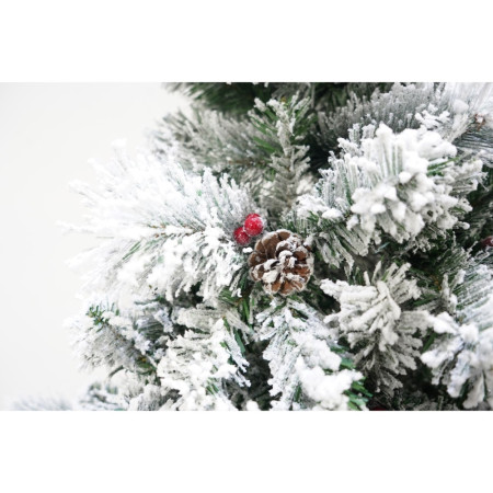 Brad artificial de Craciun nins, decorat cu conuri pin, pentru interior/exterior, inaltime 210 cm, diametru 131 cm, 630 ramuri, Flippy, alb/verde, suport metalic inclus