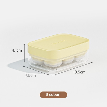 Forma pentru gheata cu presa Flippy, din silicon alimentar, 6 cuburi, caserola pentru depozitare, usor de folosit si curatat, 10.5 x 7.5 x 4.1 cm, galben