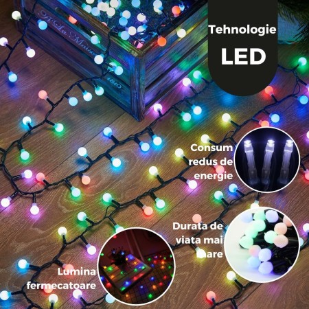 Instalatie de Craciun RGRB Liniara, Bilute Mate, Interconectabila, 10 m, din care 1 m Prelungitor 220V, 40 LED, Fir Negru, multicolor
