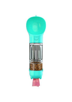 Sticla portabila 4 in 1 Flippy, pentru caini si pisici, cu 3 compartimente + lopetica, 300ml, apa, hrana, pungi igienice, lopetica, 26.7 x 9.7 x 9.4 cm, turcoaz