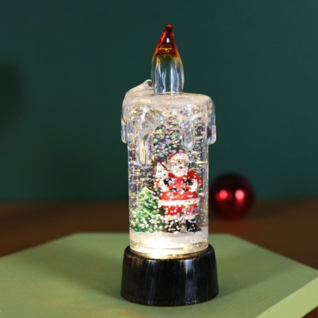 Decoratiune de Craciun tip Lumanare, Flippy, Lumanare de Cristal cu Fulgi de Zapada, Model Mos Craciun cu Sclipici, Iluminare LED, 13 x 5 x 5 cm, Baza Vintage Bronze, Transparent