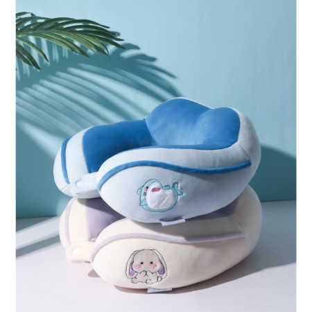 Pernă de Călătorie pentru Gât și Cap, Design Ergonomic, Umplutură Moale din Bumbac, Model Brodat Iepure, 28x28x10 cm, Lila